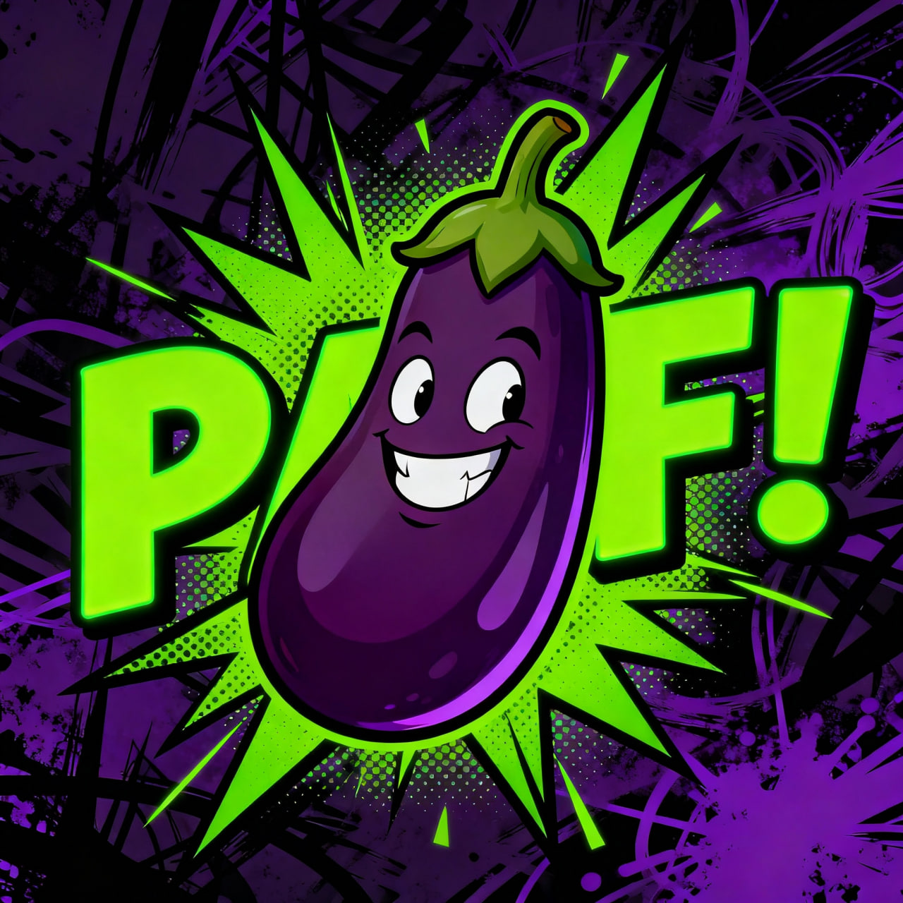 PAF Token mascot - purple eggplant character with bright lime green PAF burst and comic book style impact design